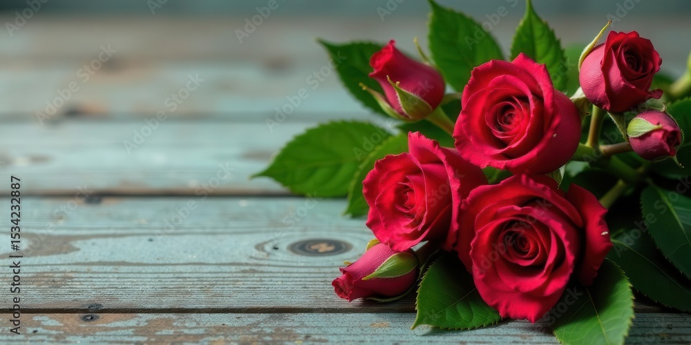 A captivating bouquet of crimson roses rests gently on a rustic wooden surface, showcasing their velvety petals and vibrant color against the weathered wood grain. A captivating bouquet of crimson roses rests gently on a rustic wooden surface, showcasing their velvety petals and vibrant color against the weathered wood grain.