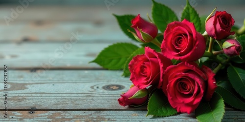 A captivating bouquet of crimson roses rests gently on a rustic wooden surface, showcasing their velvety petals and vibrant color against the weathered wood grain.