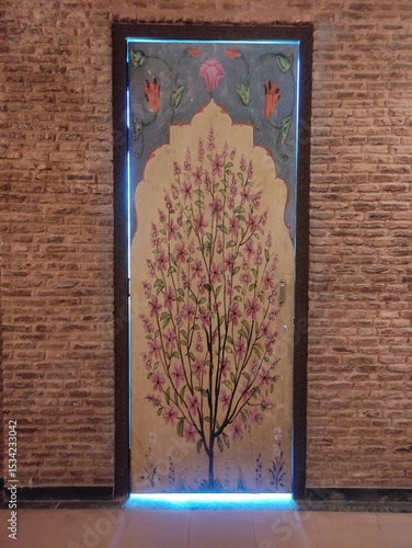 beautiful flower painting on a door with traditional brick wall design background