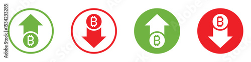 Bitcoin price trends with up and down arrows. Profit and loss crypto icons. Bull and bear cryptocurrency market. Green for rising value and red for falling. Useful for finance, apps, and blockchain.