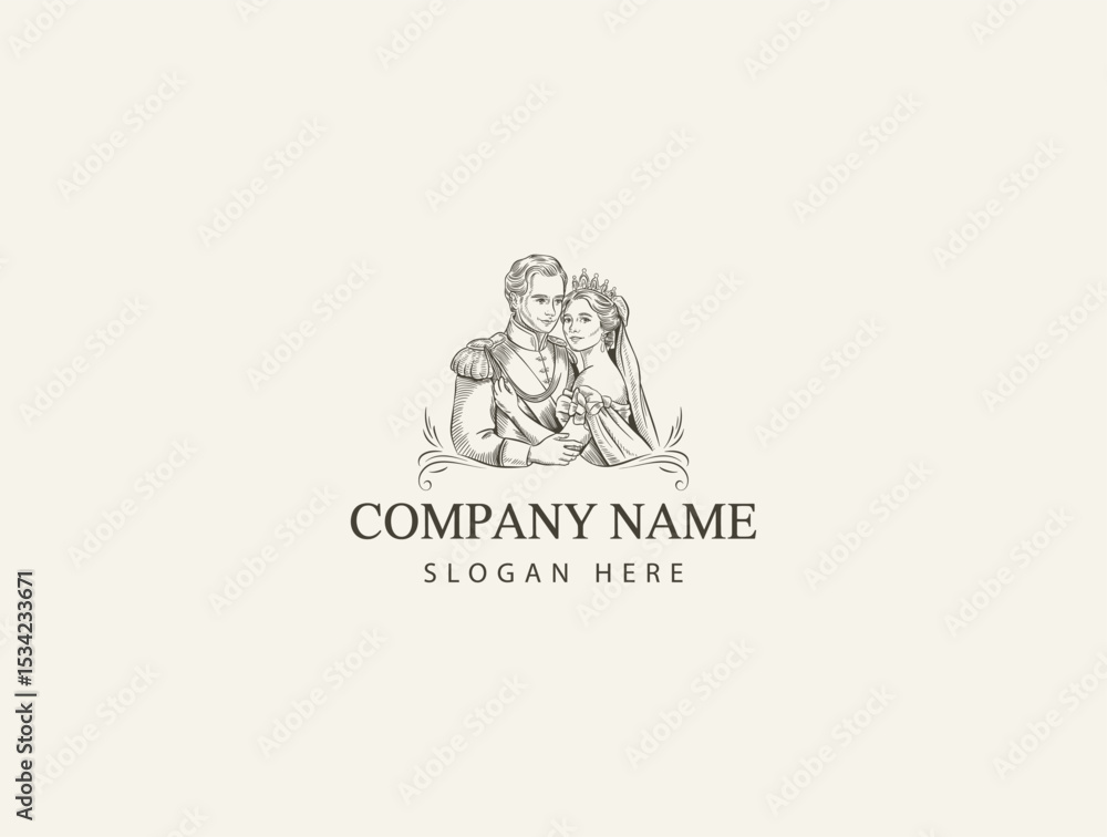 Fototapeta premium Elegant Engraved Couple Wedding Logo Design, Romantic Illustration