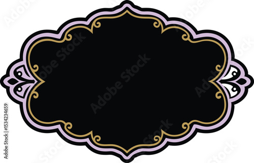Elegant decorative vector design frame with ornate curves in black gold and lavender colors.