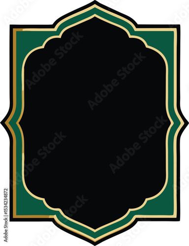 Elegant green and gold frame with arched design and blank black interior space