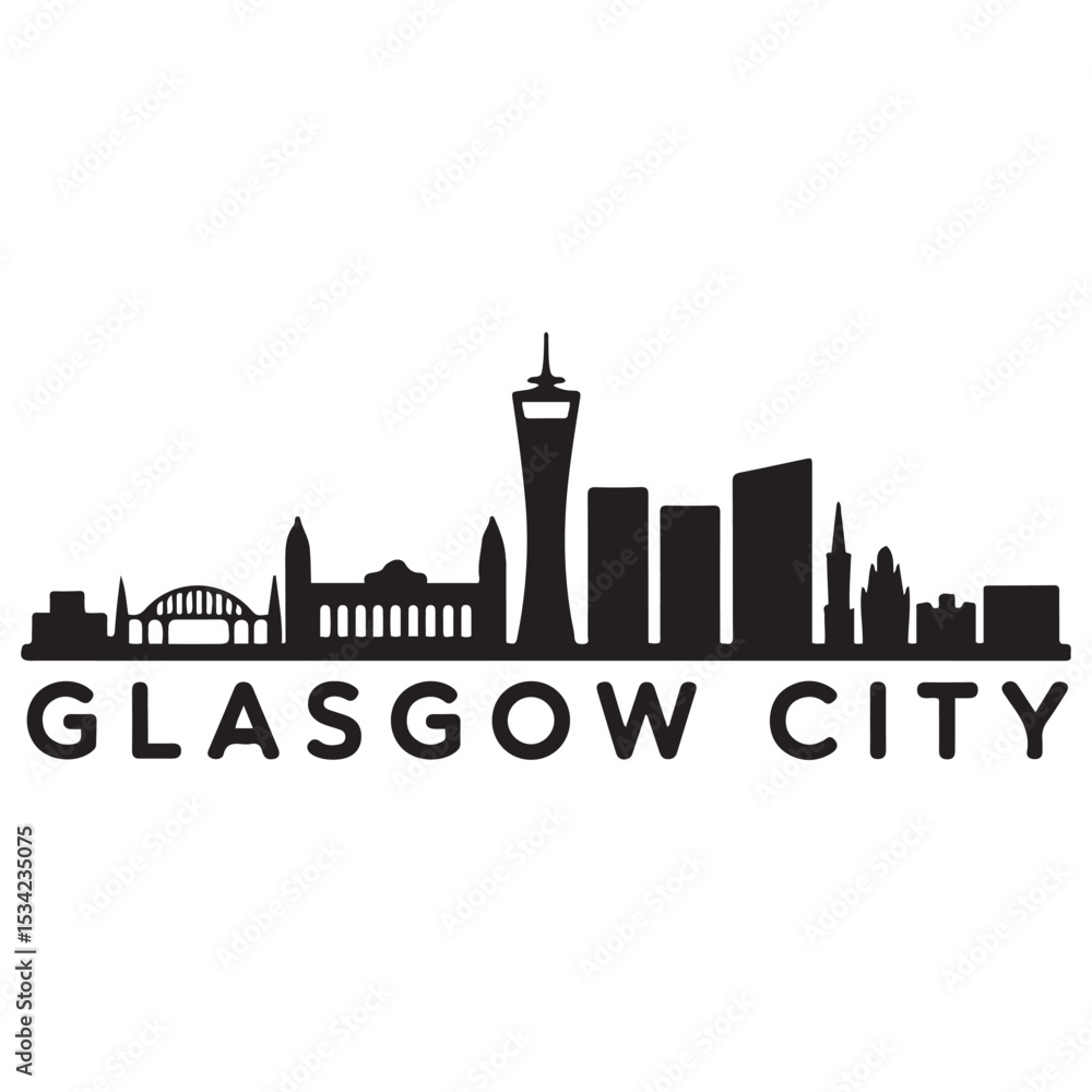 Naklejka premium Glasgow City skyline horizontal banner. Glasgow City, Scotland. Vector template for your design. Vector black silhouette. with white background