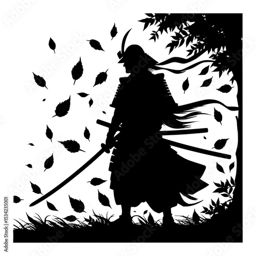 Samurai silhouette with falling autumn leaves