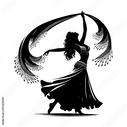 Silhouette of a belly dancer with flowing veil