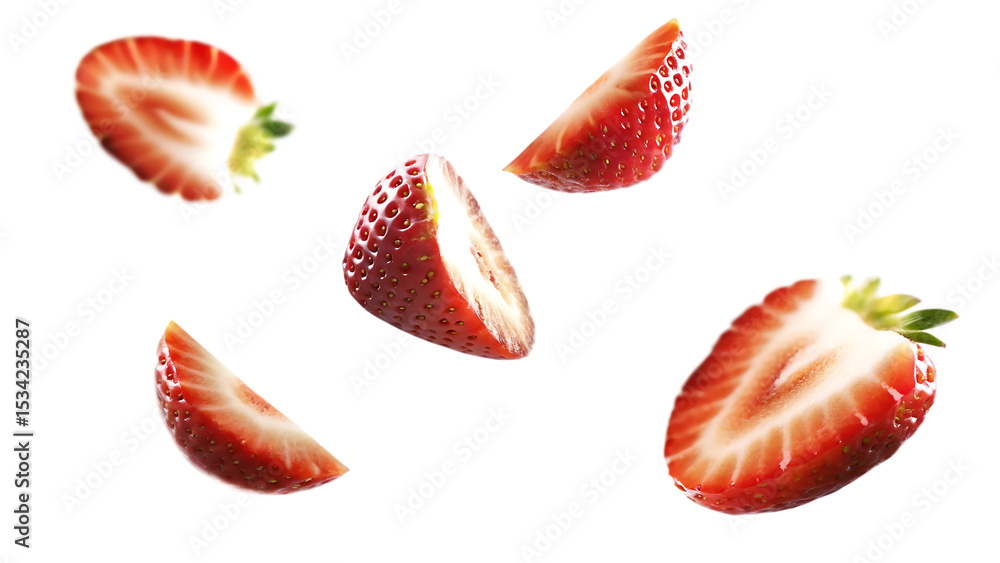 Fresh strawberry slices falling isolated on a white background Fresh strawberry slices falling isolated on a white background