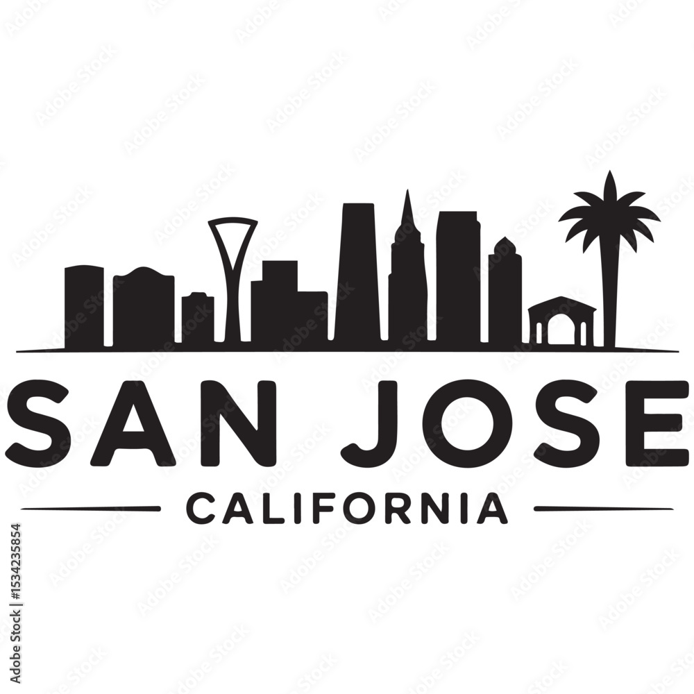 Naklejka premium San Jose skyline horizontal banner. San Jose, California. Vector template for your design. Vector black silhouette. with white background