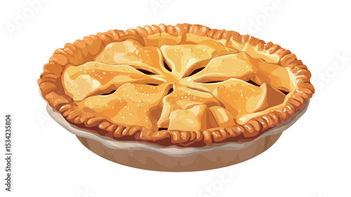 A digital illustration of an apple pie. The pie is presented in a round, shallow dish. The crust is a rich golden brown color, with a slightly textured surface.  The top crust is decorated with a