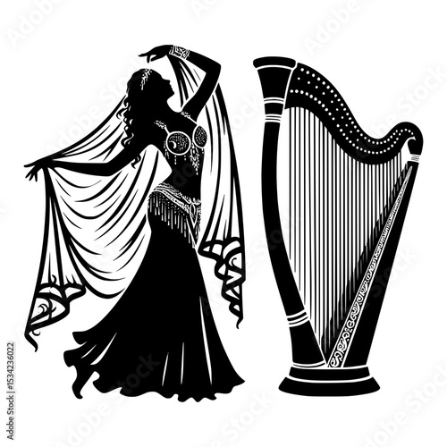 Silhouette of belly dancer and harp