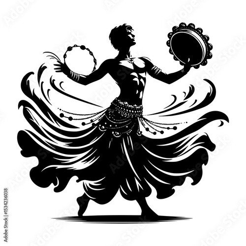 Male belly dancer silhouette with tambourine