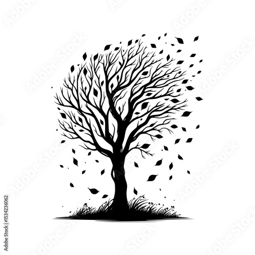 Silhouette of a tree with leaves blowing in the wind