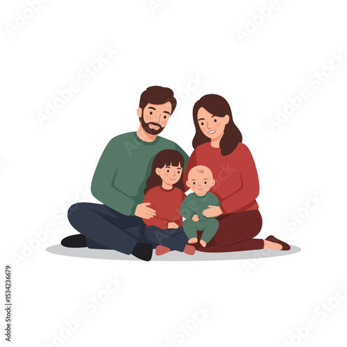 Happy Family Sitting Together with Children Digital Illustration