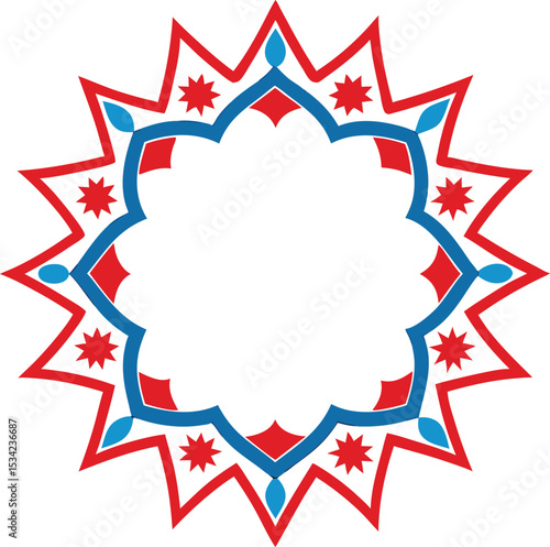 Ornamental geometric star burst design with red blue and white color scheme