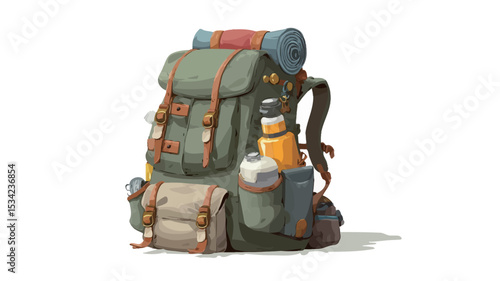 A digital illustration of a large, vintage-style green backpack.  The backpack is depicted in a detailed, painterly style with visible texture and shading.  It has multiple pockets and