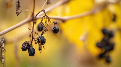 Close up of rotten grape on the vine with shriveled skin and mold, showing dried spoiled berries still attached to stem, concept of decay, overripe fruit, and agricultural disease