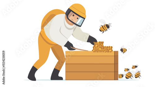 A digital illustration depicts a beekeeper in a protective yellow suit and gloves harvesting honeycomb from a wooden beehive.  The beekeeper is bending over the hive, using a tool to extract