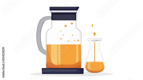 A vector illustration depicting a glass cold brew coffee maker carafe, filled with amber-colored coffee concentrate, and a smaller glass vessel with coffee concentrate being poured.  The