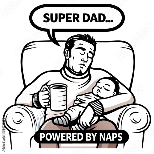 Father sleeping with baby in a cozy chair