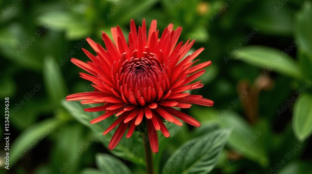 In a lush green garden, a striking red flower blossoms, revealing its feathery appearance and bold color. In a lush green garden, a striking red flower blossoms, revealing its feathery appearance and bold color.