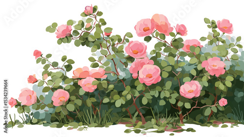 A digital painting or illustration depicting a lush pink rose bush in full bloom. The roses are a light pink, with varying stages of bloom, from tightly closed buds to fully opened flowers