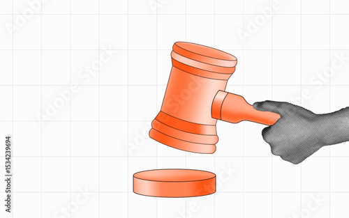 halftone collage, Illustration of a gavel hitting block law, hand holding gavel. legal services, court rulings, or online law content