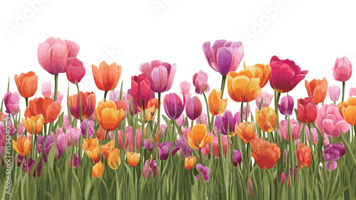 A digital illustration depicting a horizontal border composed of numerous tulips in various colors including pink, purple, orange, and red. The tulips are shown in full bloom with visible petals