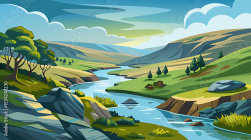 serene river landscape with rolling hills and cloudy sky illustration

