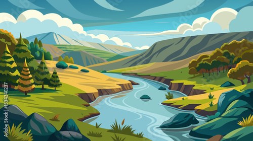 serene river landscape with rolling hills and cloudy sky illustration

