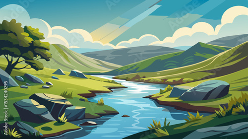 serene river landscape with rolling hills and cloudy sky illustration

