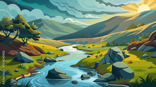 serene river landscape with rolling hills and cloudy sky illustration

