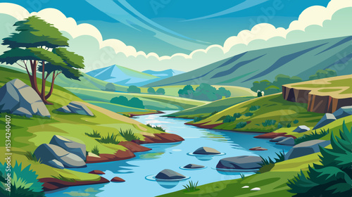 serene river landscape with rolling hills and cloudy sky illustration

