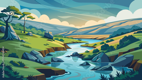 serene river landscape with rolling hills and cloudy sky illustration

