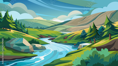 serene river landscape with rolling hills and cloudy sky illustration

