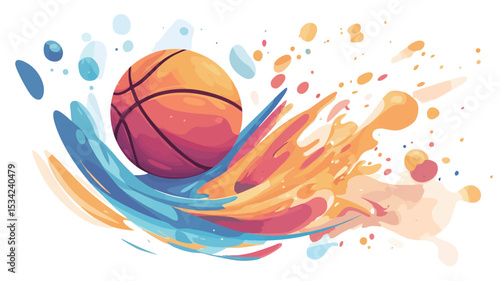 The image is a digital illustration depicting a basketball partially submerged in an abstract splash of vibrant, multicolored paint or water. The colors are predominantly orange, blue, and red