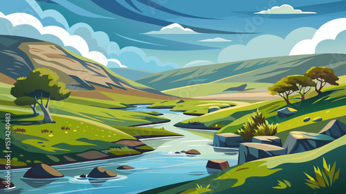 serene river landscape with rolling hills and cloudy sky illustration

