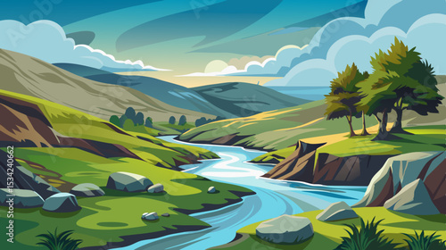 serene river landscape with rolling hills and cloudy sky illustration

