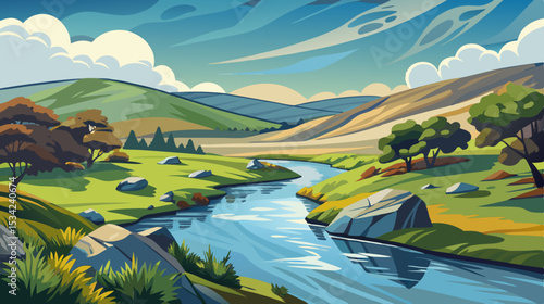 serene river landscape with rolling hills and cloudy sky illustration

