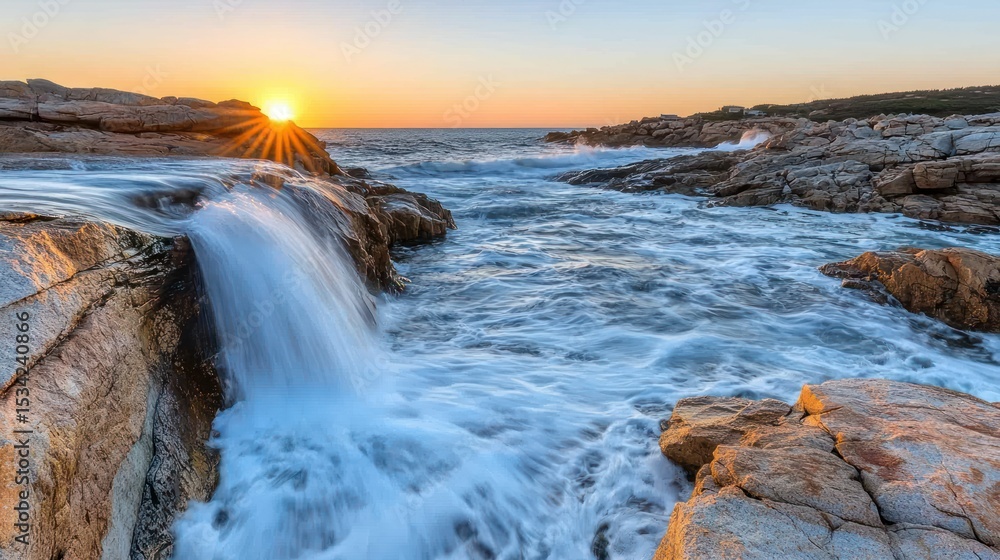 Coastal sunrise, water cascading over rocks into the ocean Coastal sunrise, water cascading over rocks into the ocean