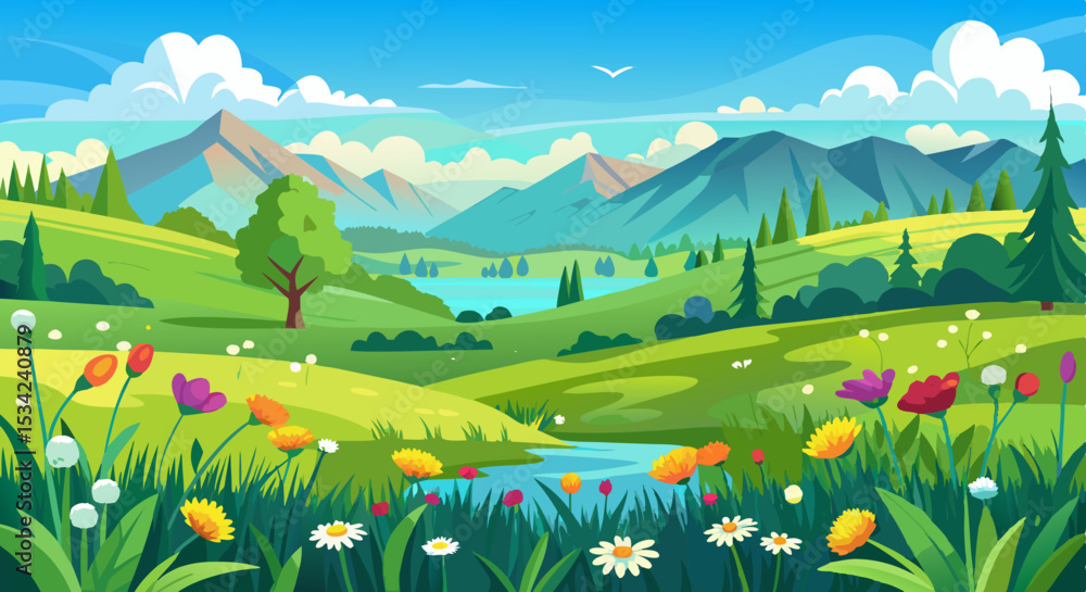 Fototapeta premium Spring Mountain Landscape with Wildflowers and Green Meadows Illustration