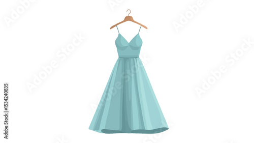 Digital illustration of a light blue, a-line dress hanging on a light brown wooden hanger against a white background. The dress is sleeveless with a V-neckline and a fitted bodice that flows into a