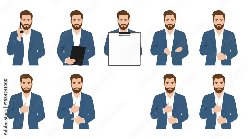 Business man positive emotions. Vector illustration of young adult smiling man in blue business suit who stands in different poses. Isolated on white Business man positive emotions. Vector illustration of young adult smiling man in blue business suit who stands in different poses. Isolated on white