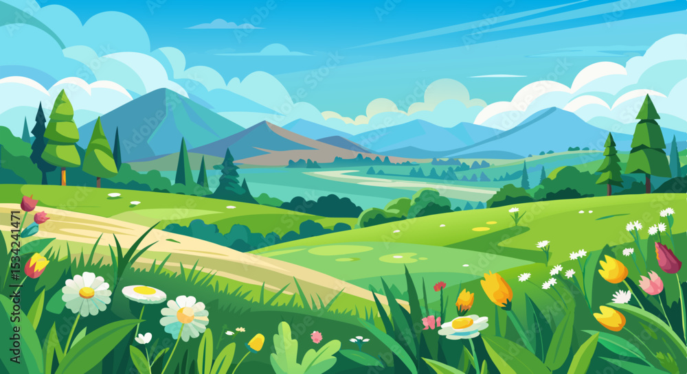 Fototapeta premium Spring Mountain Landscape with Wildflowers and Green Meadows Illustration