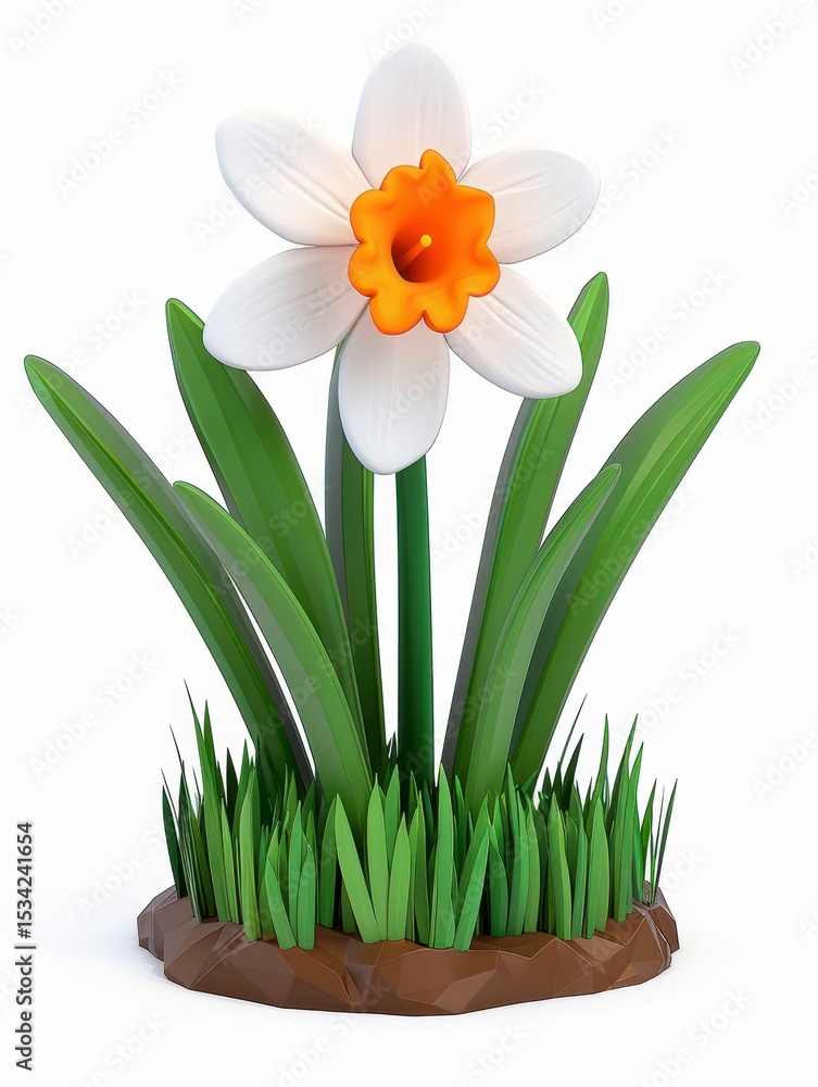 Vibrant 3D Render of a Daffodil Flower with Bright Yellow Center Surrounded by Lush Green Leaves and Grass on a White Background Vibrant 3D Render of a Daffodil Flower with Bright Yellow Center Surrounded by Lush Green Leaves and Grass on a White Background