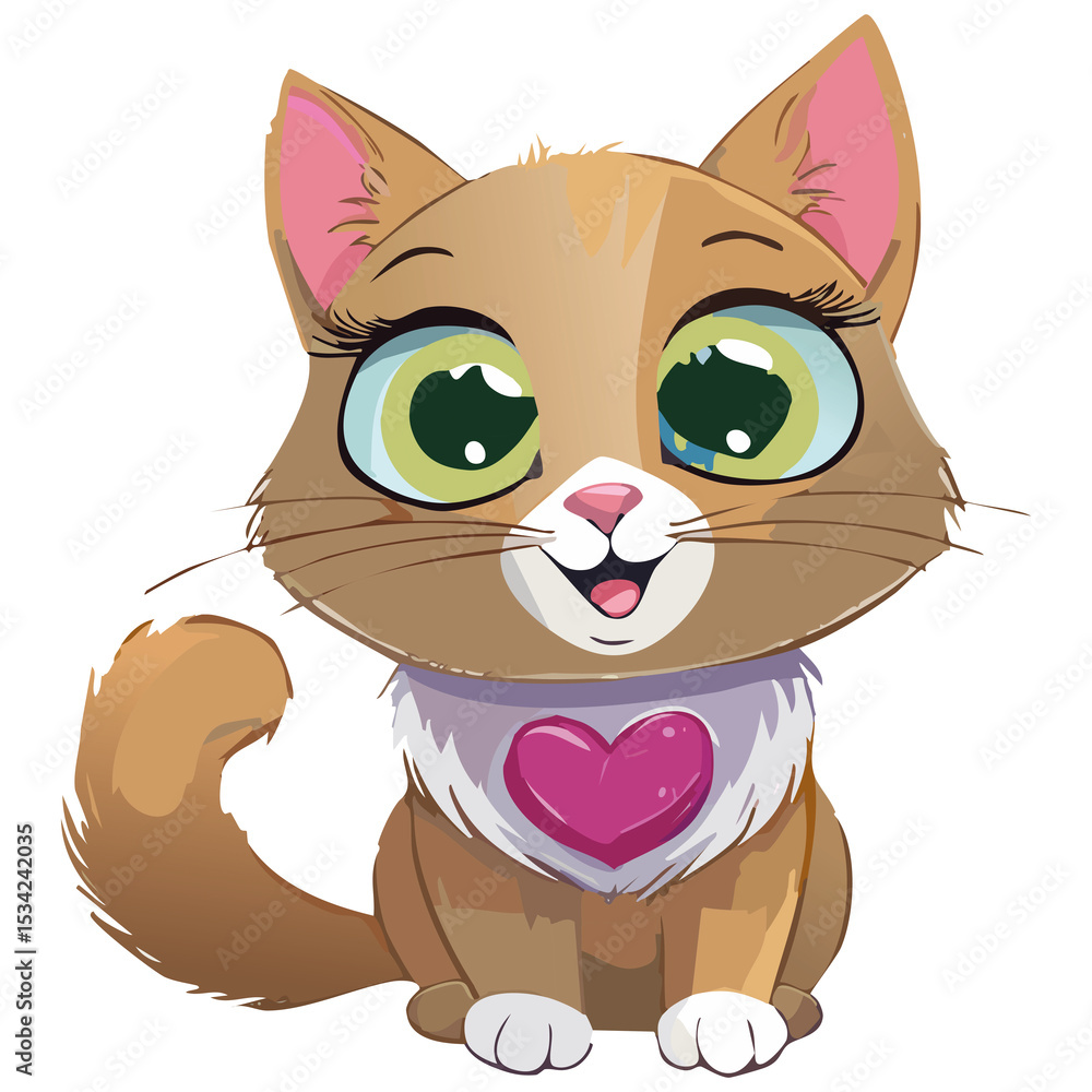 Fototapeta premium Adorable Cartoon Cat with Heart Collar