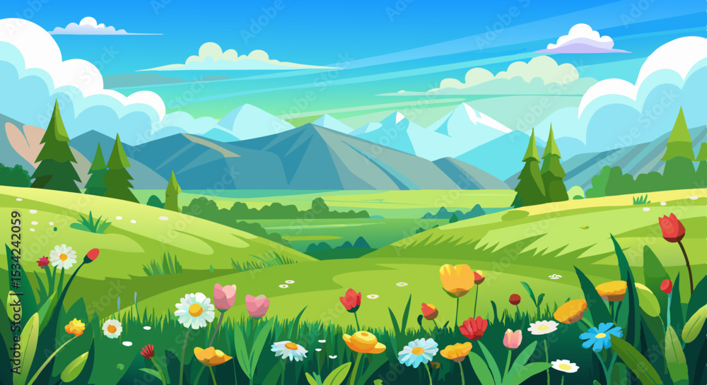 Naklejka premium Spring Mountain Landscape with Wildflowers and Green Meadows Illustration