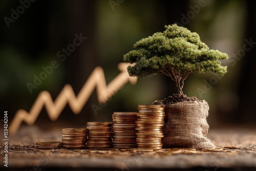 Investment growth visualization money tree with coins financial environment macro perspective business concept