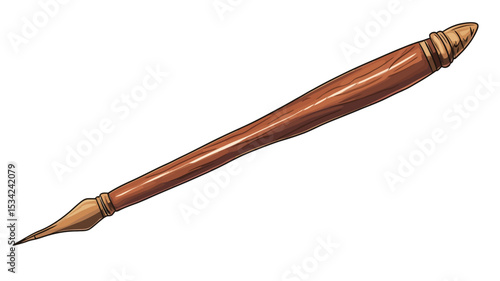 A digital illustration of an elegant dip pen. The pen is predominantly brown, appearing to be made of wood with a polished finish.  The shaft is long and slender, tapering slightly towards the nib.