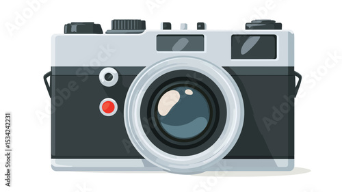 A digital illustration of a vintage film camera.  The camera is depicted in a front view, showcasing its black and silver body, large lens, and various buttons and controls.  The style is clean and