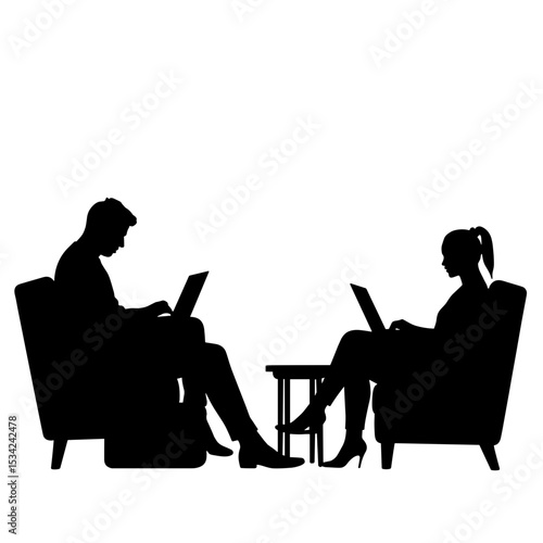 Silhouette of coworkers using laptops in lounge, modern work remote collaboration
